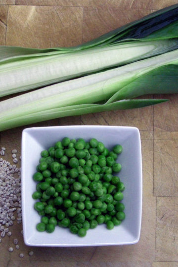 Ingredients Shown for Barley, Leek, Pea Risotto