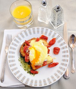 Eggs Benedict, Roasted Tomatoes, Basil Oil
