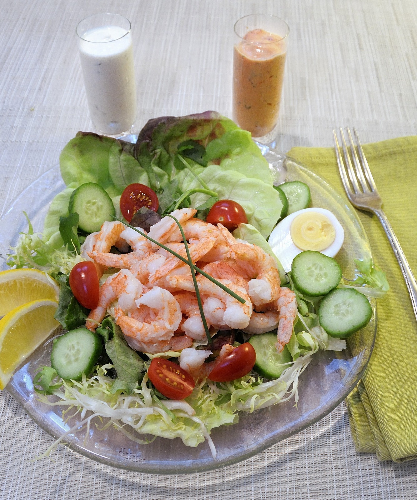 Shrimp Salad with 2 Dressings, Greens, Egg, Cucumber Slices