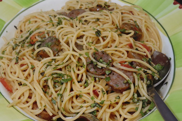 Spaghetti, Italian Sausages, Roasted Peppers, Herbs