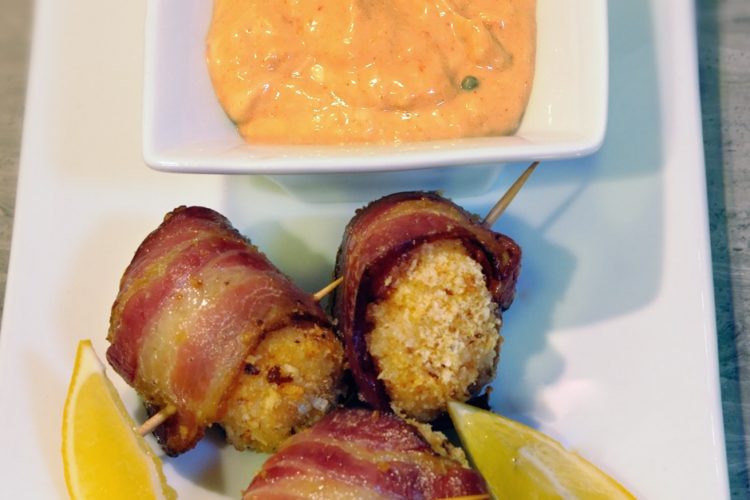 How to Cook Bacon in the Microwave Showing Breaded Scallops Wrapped in Bacon