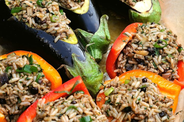 Stuffed Eggplant, Red Peppers With Rice Filling