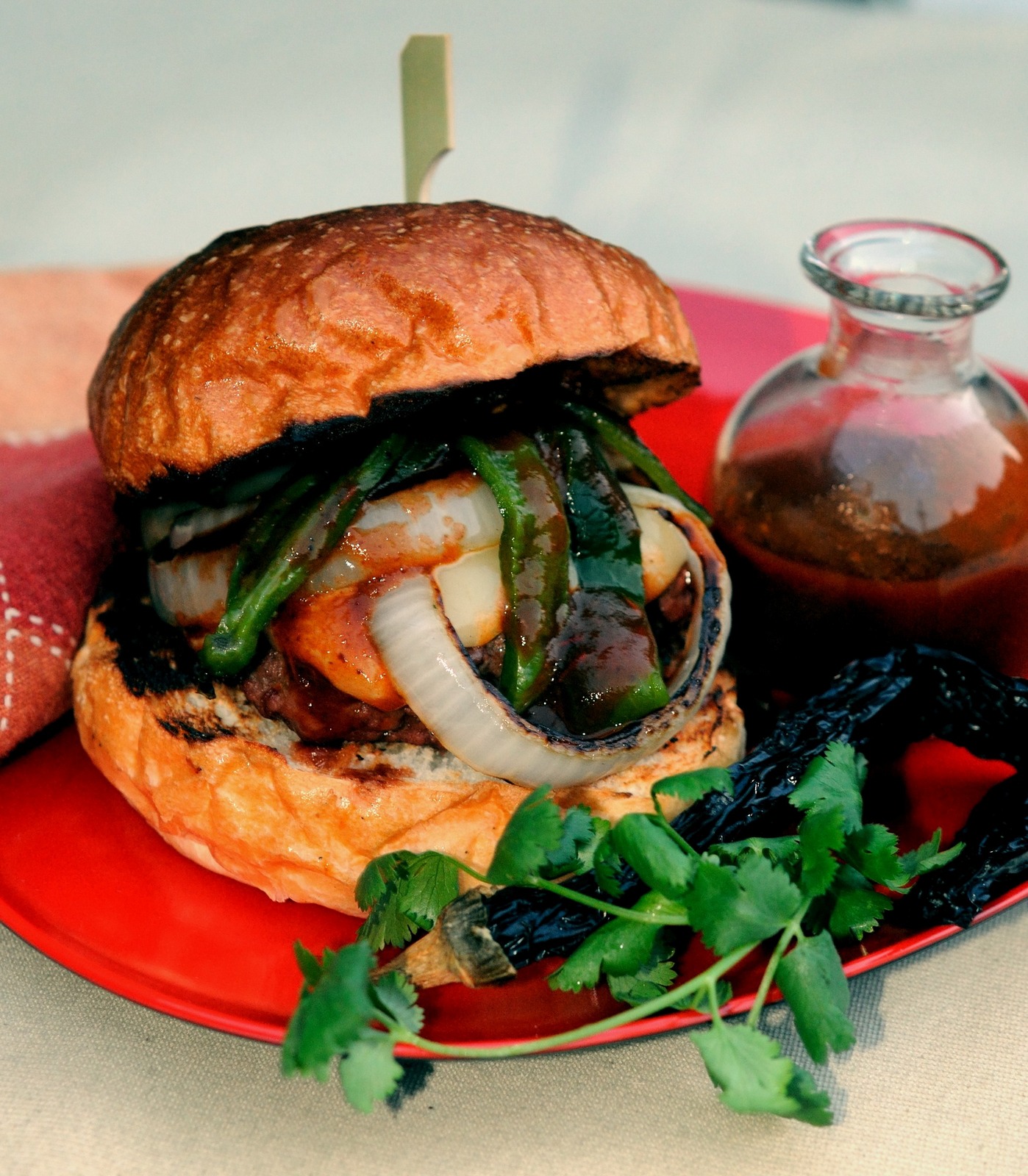 Burgers with Poblano Peppers, Onions, Chipotle Salsa