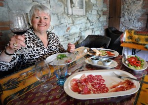Phyllis Raising a Glass, Visit to Casamonti, Tuscany, Italy