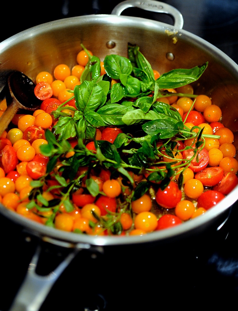 Mixed Cherry Tomato Bucatini alla Chiummenzana in Stainless Pan with Fresh Herbs