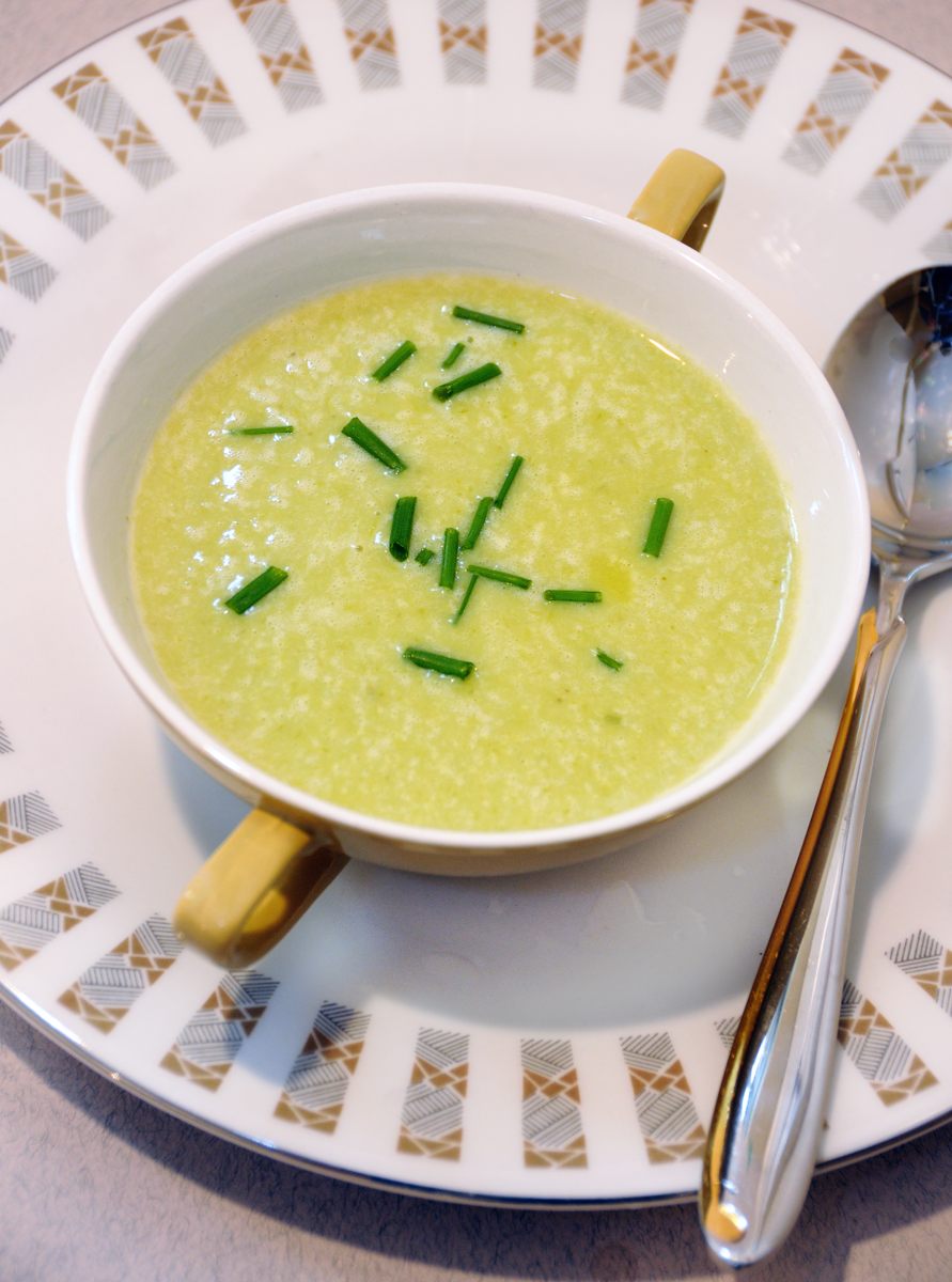 Asparagus Soup, in Soup Cup, Stainless & Gold Spoon