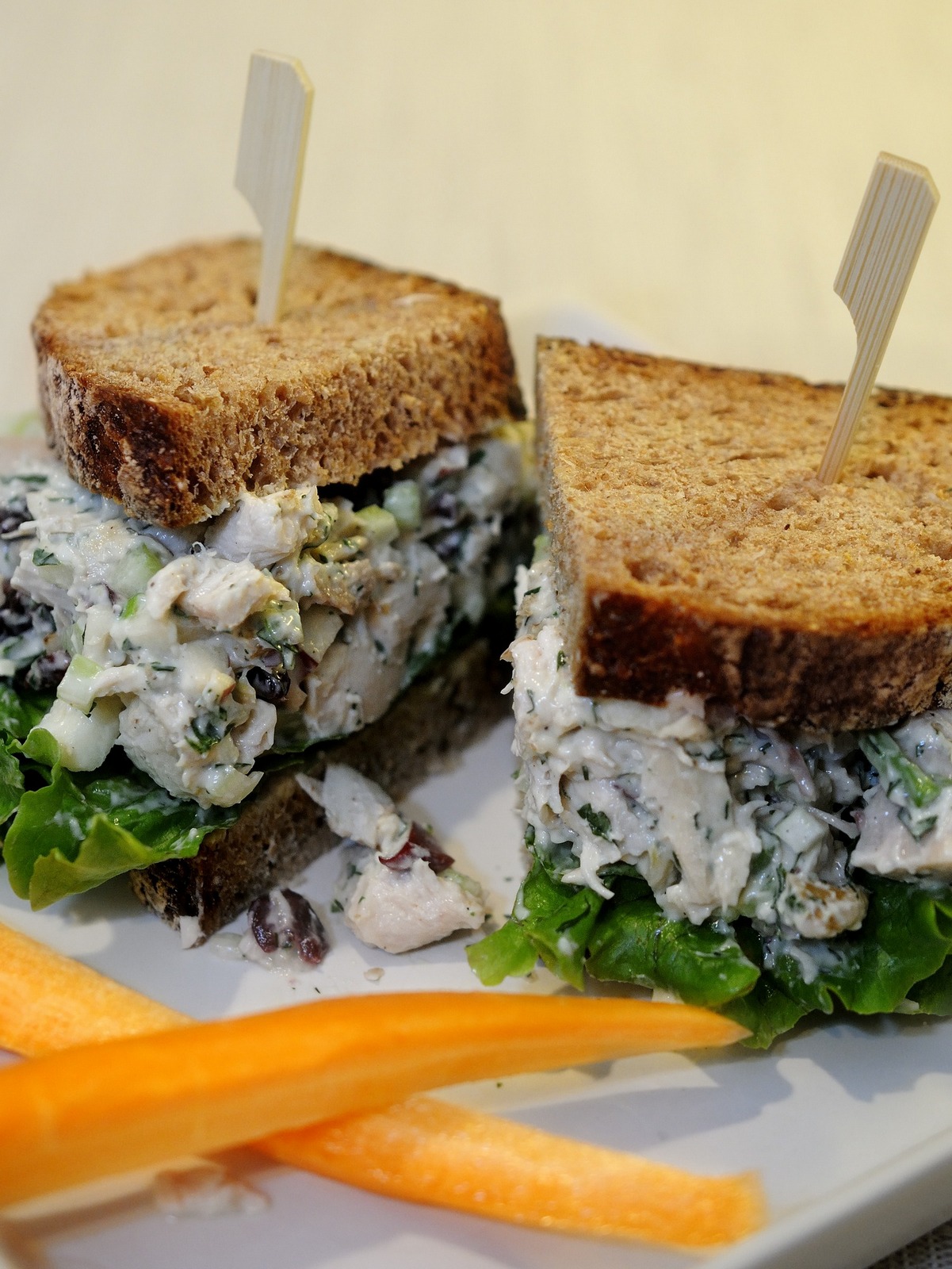Turkey or Chicken Salad Sandwich Filling on Rye Bread, Carrot Sticks