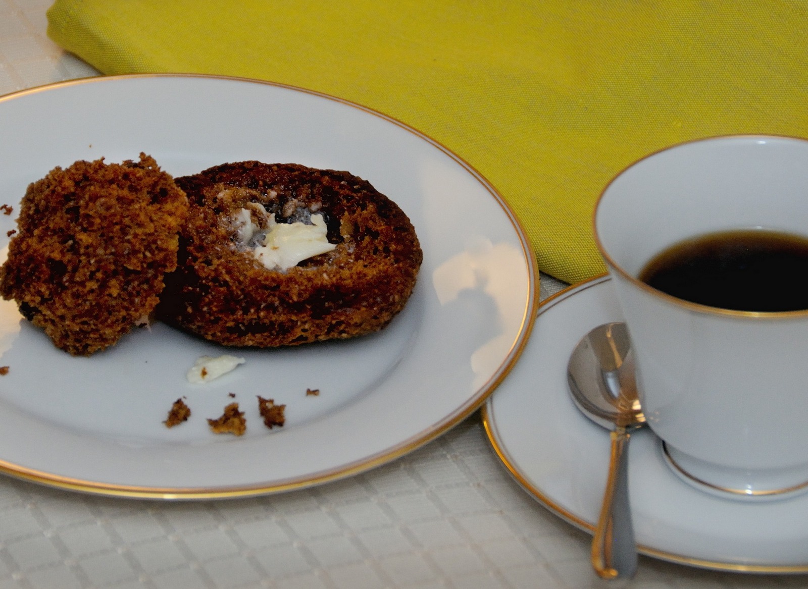 Kathi's Bran Muffins, Gold Rimmed Plates, Coffee