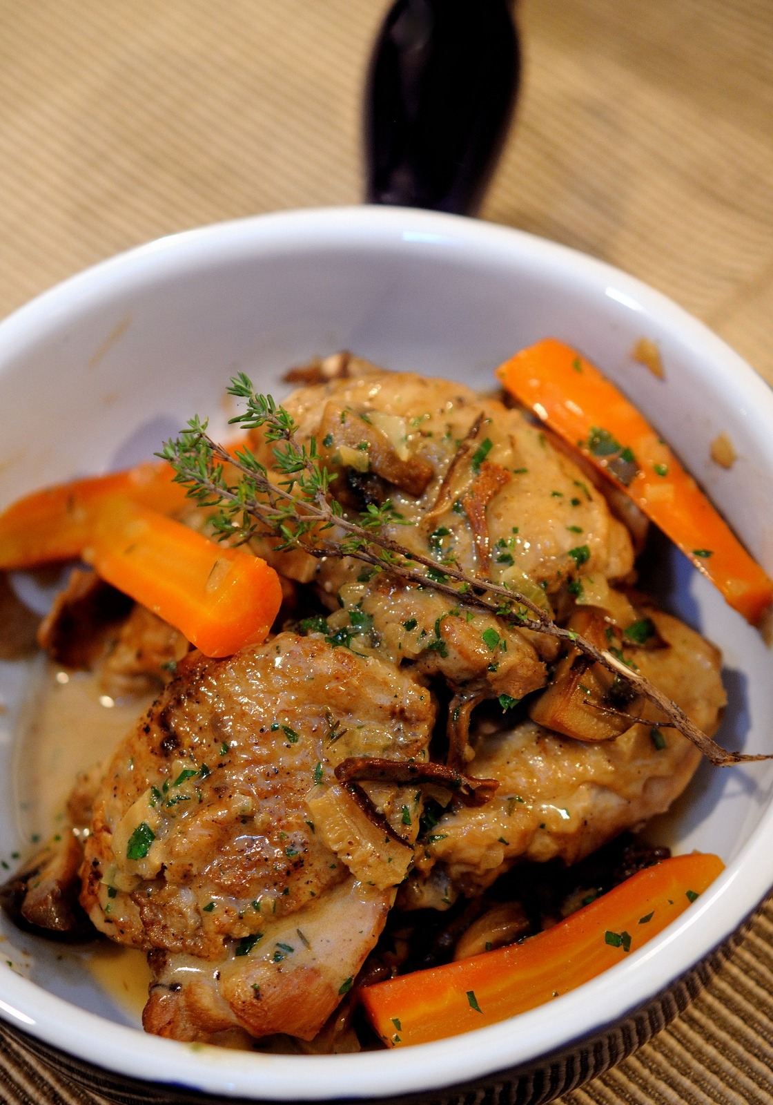 Coq au Riesling, Carrots, White Serving Pot