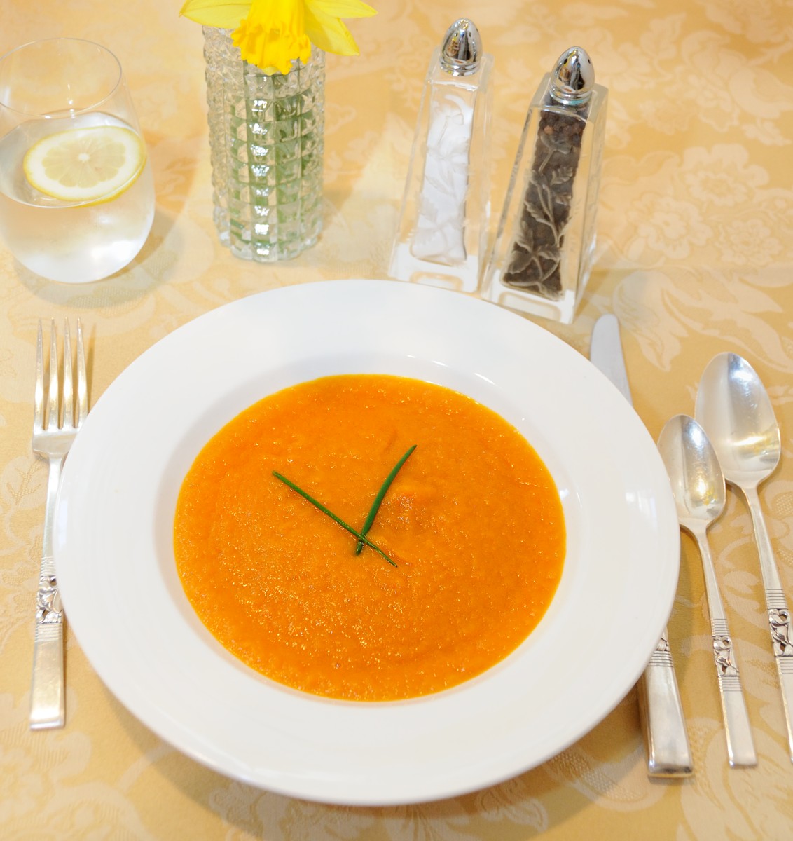 Bowl of Carrot Soup with Ginger & Lemon, Mom's Flatwear