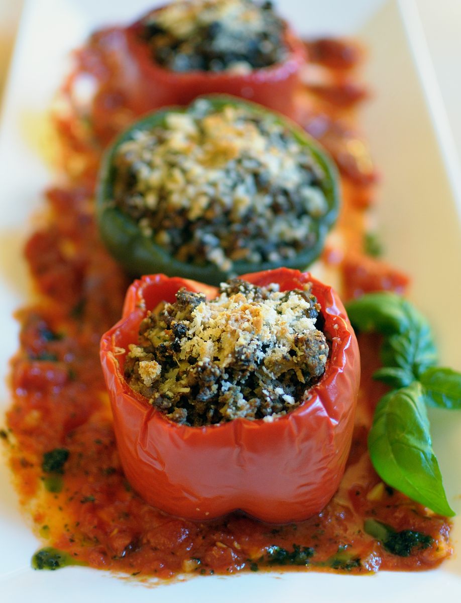 Red & Green Stuffed Peppers with Tomato Sauce, Basil Garnish