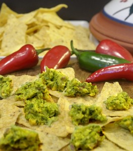 My Guacamole, on Corn Chips, Red & Green Fresh Chilies