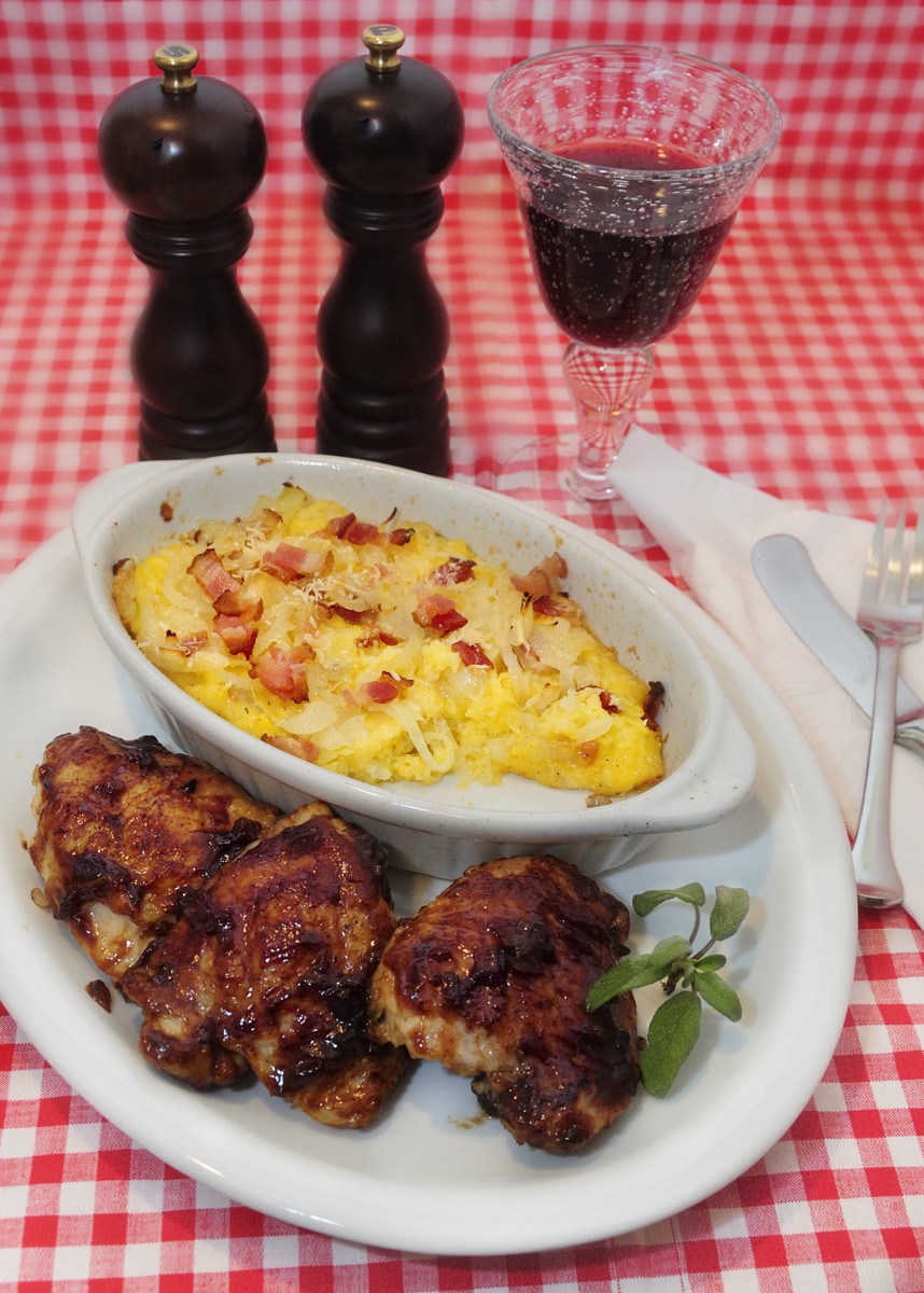 Baked Polenta with Onions & Bacon, BBQ Chicken Thighs, Red Wine, Red Checked Tablecloth