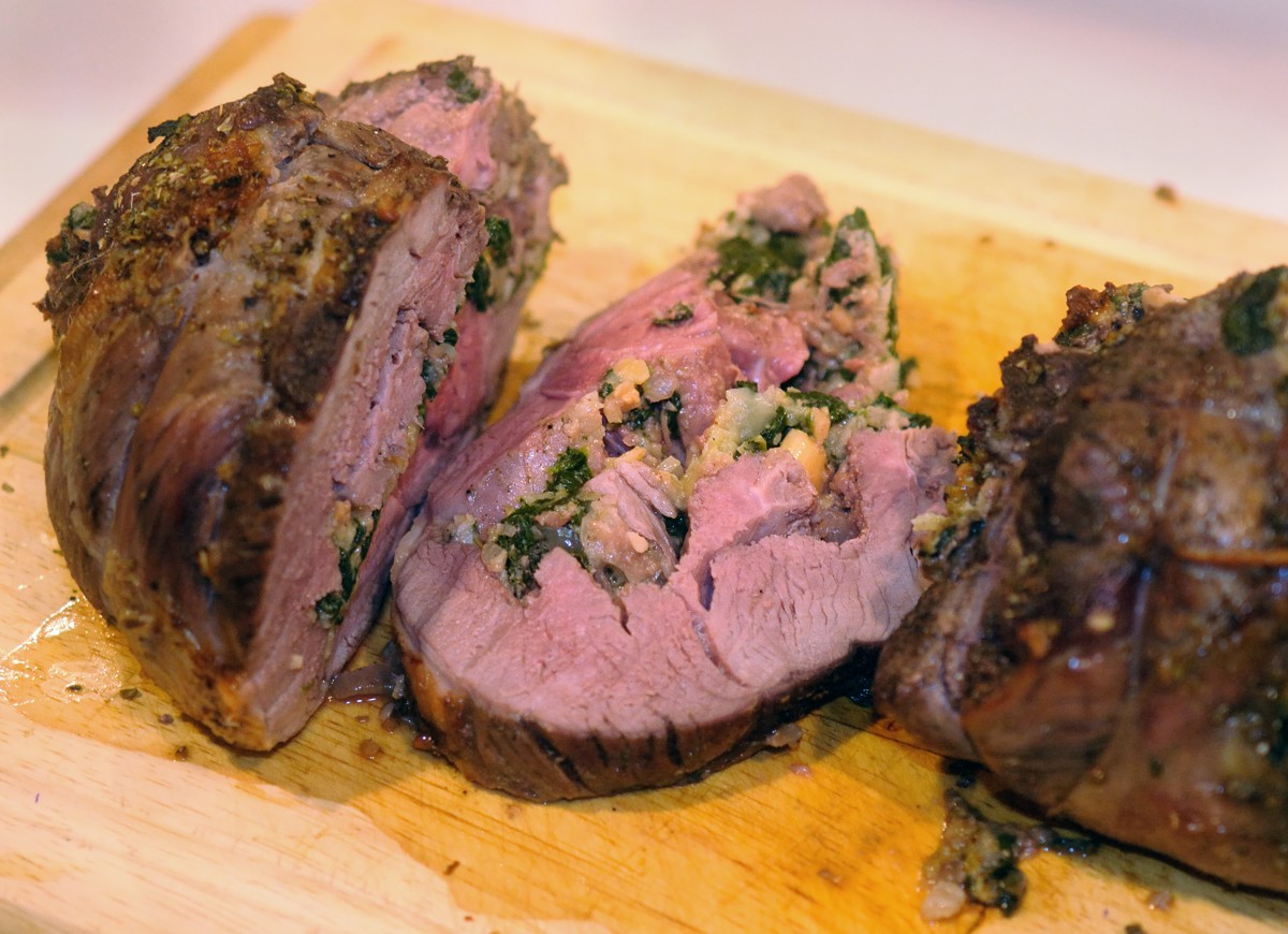 Butterflied Leg of Lamb, Spinach Stuffing Being Carved