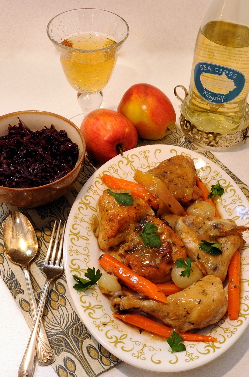 Chicken Braised in Apple Cider with Carrots & Baby Onions, Sea Cider, Red Cabbage