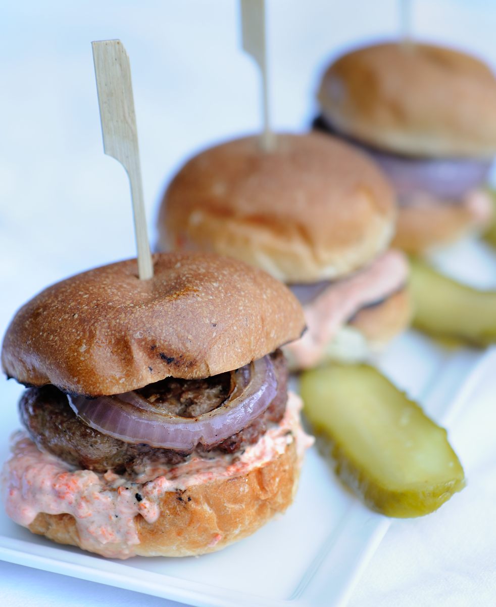Burger Sliders, Grilled Onions, Pickles