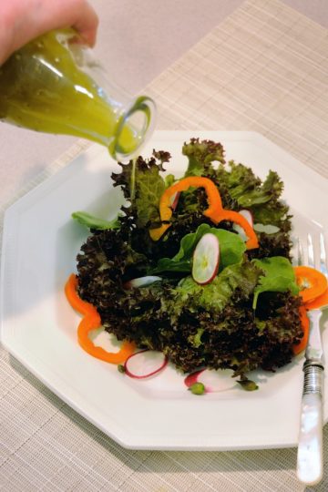 Lollo Rosso, Radishes, Orange Bell Pepper Salad With Dressing, Same Photo Used for Meyer Lemon Vinaigrette