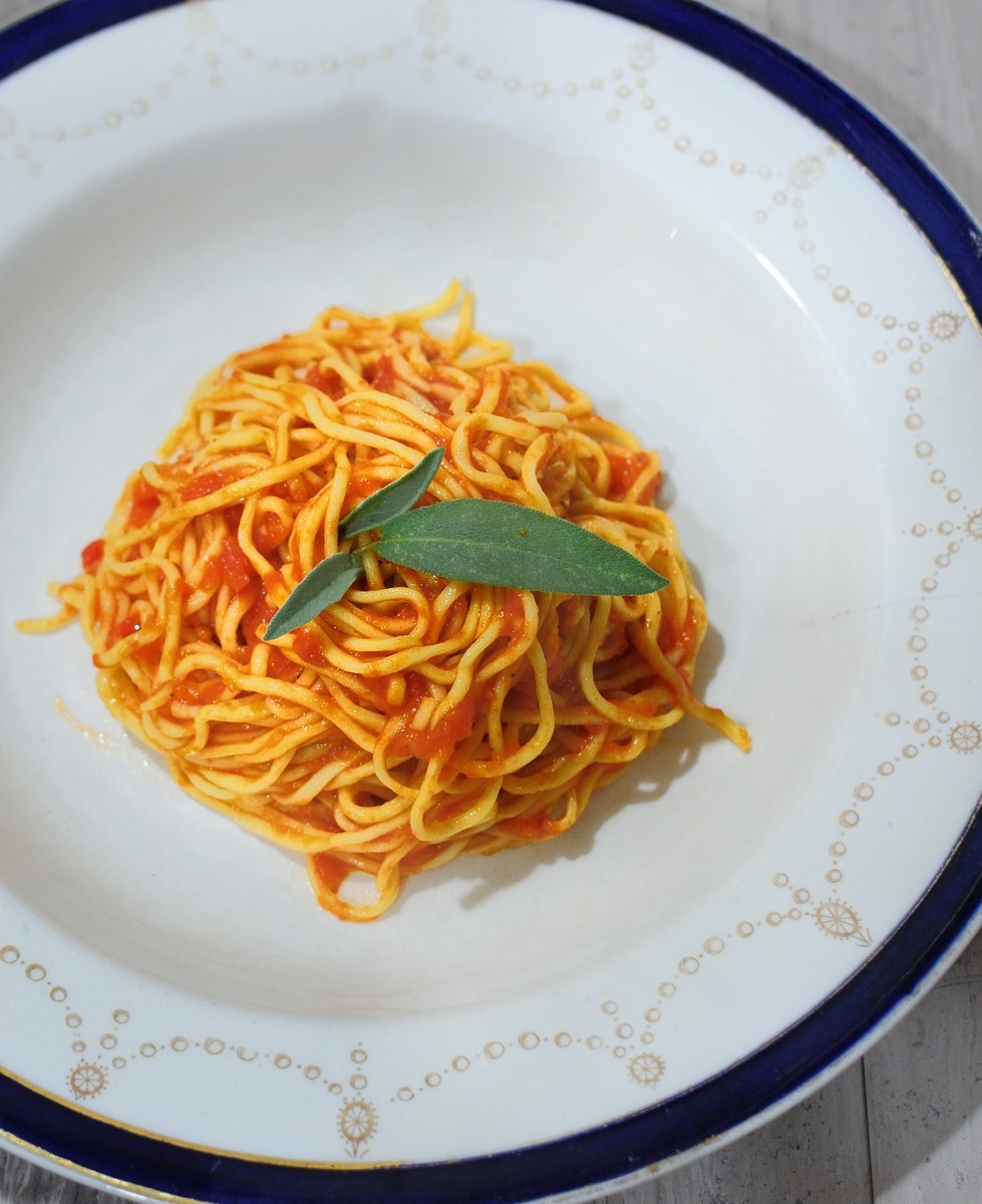 Homemade Spaghetti, Summer Tomato-Sage Sauce, Fancy Plate, Dark Blue Trim