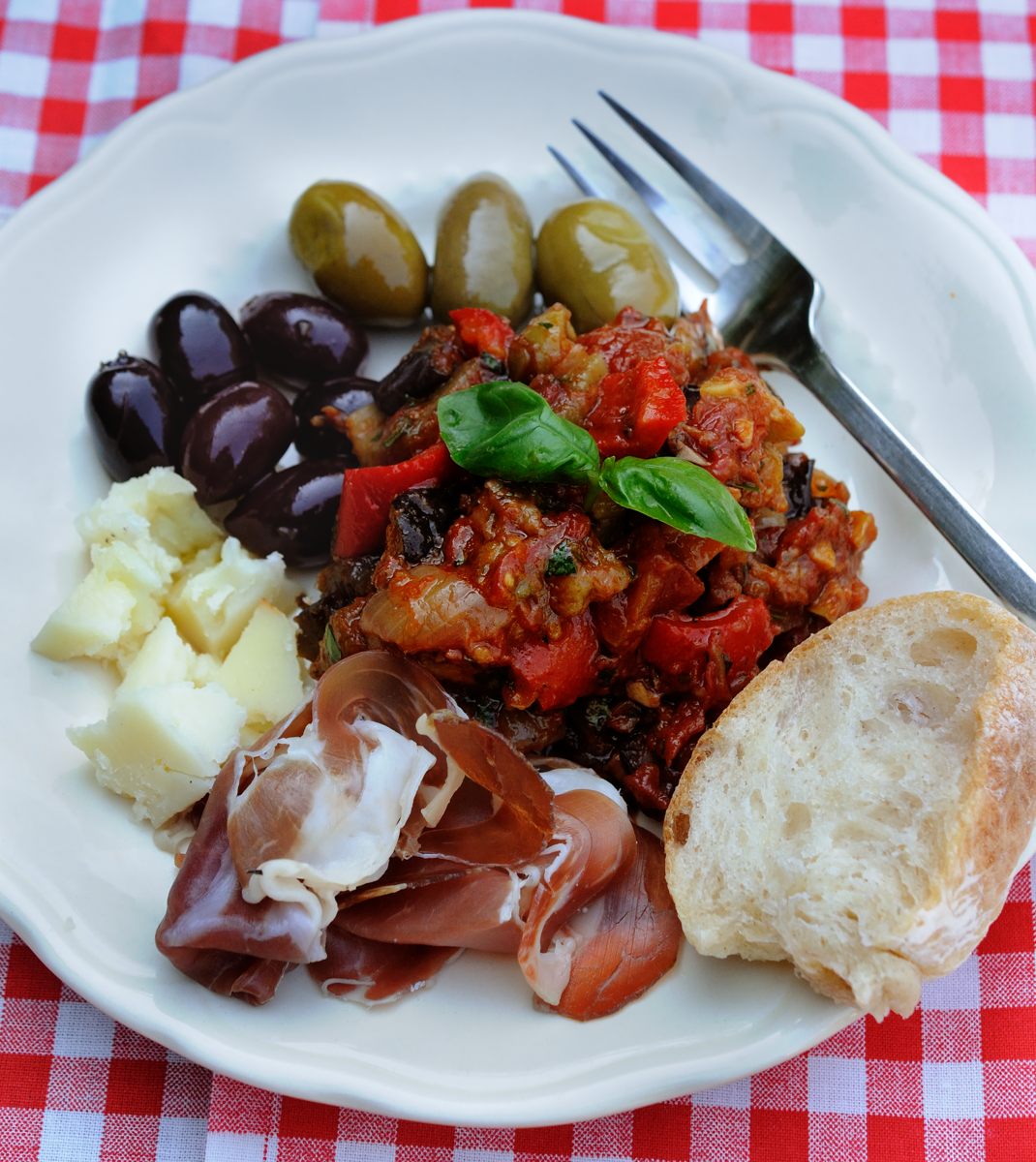 Caponata Sweet & Sour Eggplant Appetizer with Olives, Cheese & Proscuitto