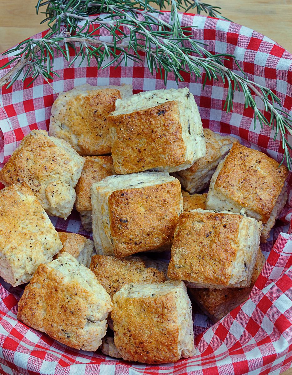 Checked Napkin Lined Basket with Rosemary, Cornmeal Pepper Biscuits