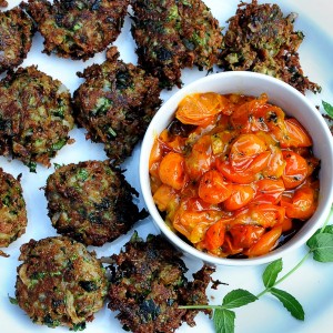 Zucchini Fritters with Herbs & Cheese, Roasted Sun Gold Tomatoes