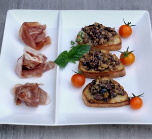 Green & Black Olive Tapenade, Sun Gold Tomatoes, Proscuitto