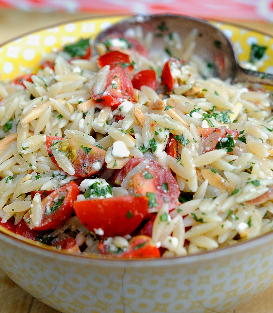 Orzo with Feta Cherry Tomatoes, Yellow Noodle Bowl