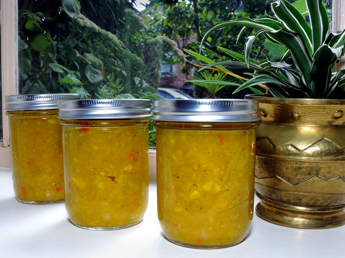 Blog Post Photo of Green Tomato Relish in Canning Jars