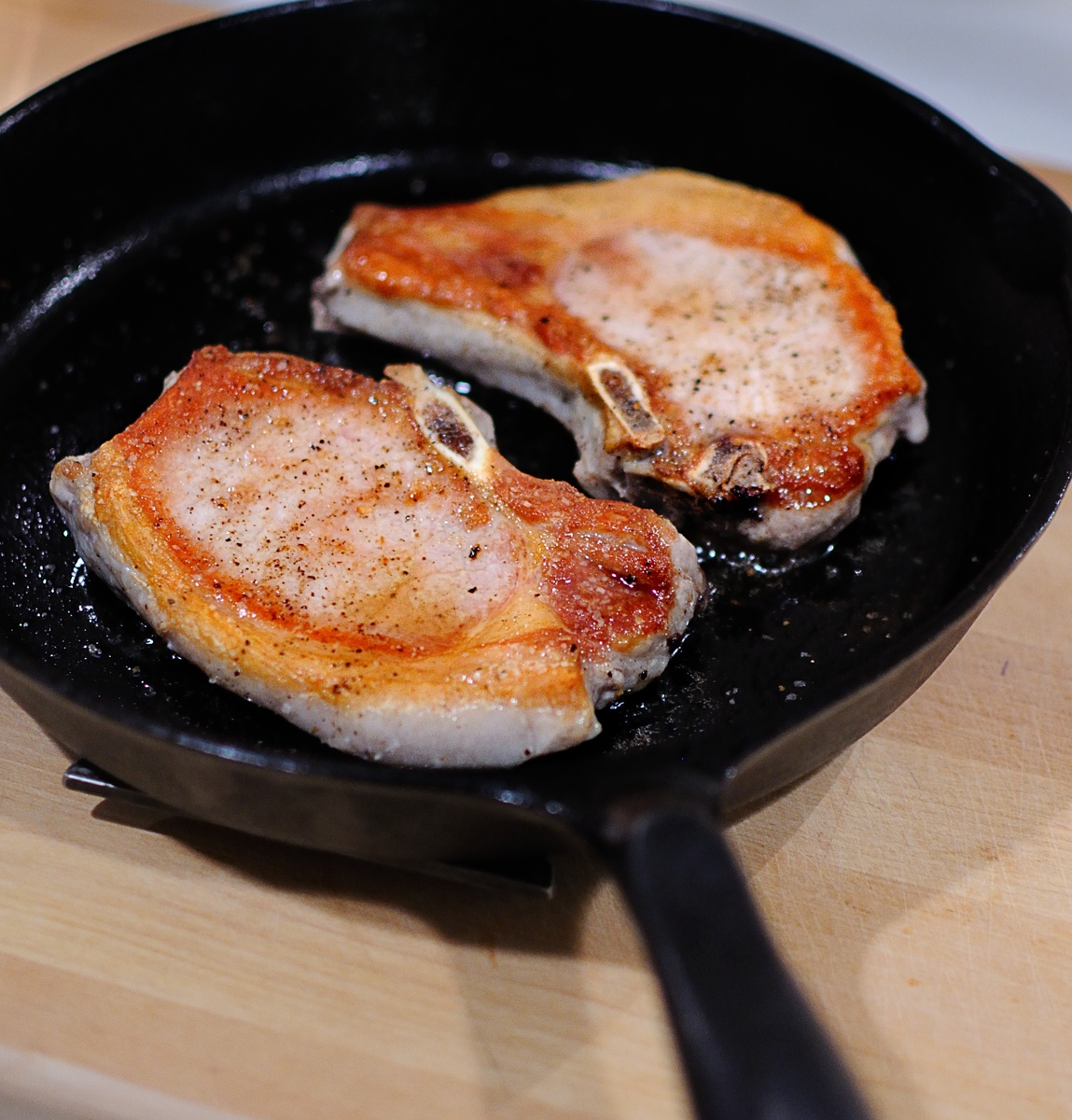 Browned Pork Chops in Cast Iron Frying Pan