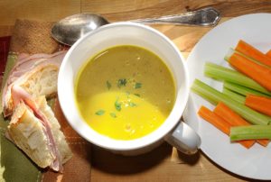 Yellow Squash Soup, Ham Sandwich, Carrot, Celery Sticks
