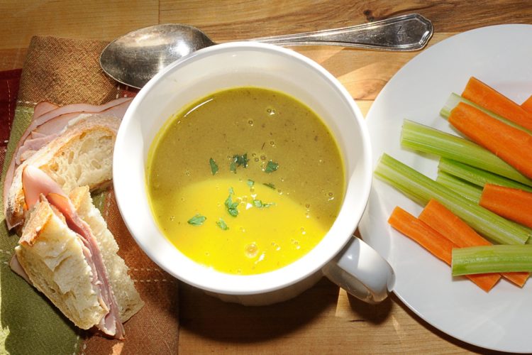 Yellow Squash Soup, Ham Sandwich, Carrot, Celery Sticks