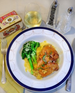 Chicken Braised in Saffron Cream, Broccoli, Fancy Plate with Dark Blue Trim