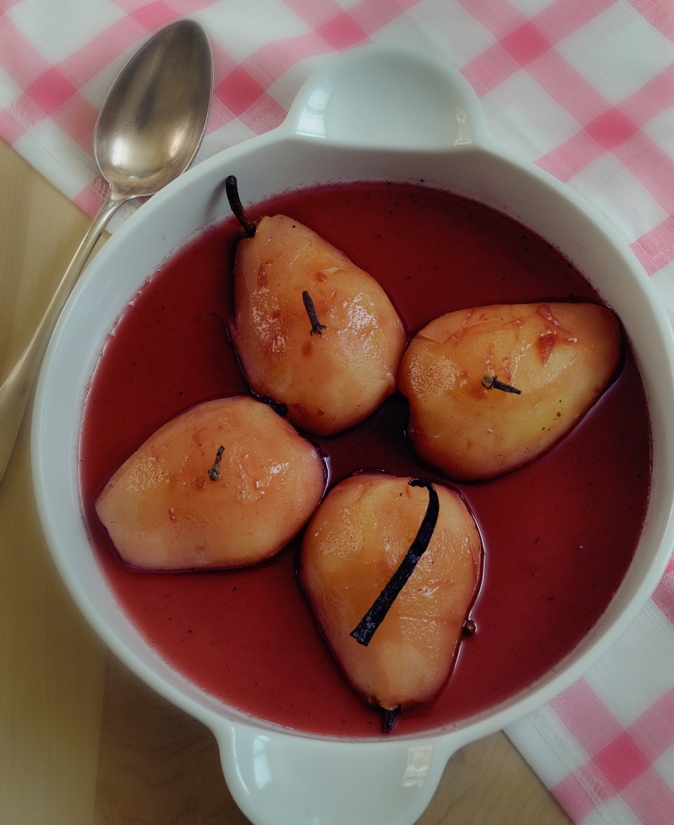 White Serving Bowl with Red Wine Poached Pears & Recipe for Red Wine Poached Pears