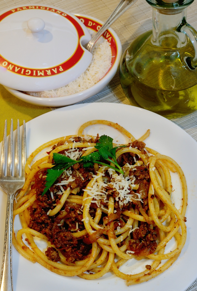 Bucatini with Spicy Beef Tomato Sauce, Parmigiano Bowl & EVO