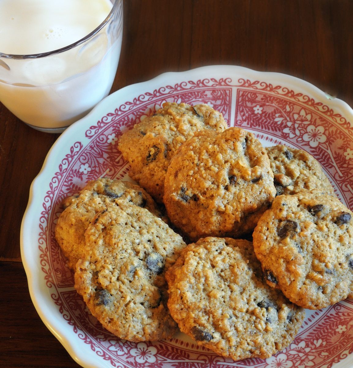 Raisin-Oatmeal Chocolate Chip Cookies, Glass of Milk, Red & Pink Plate