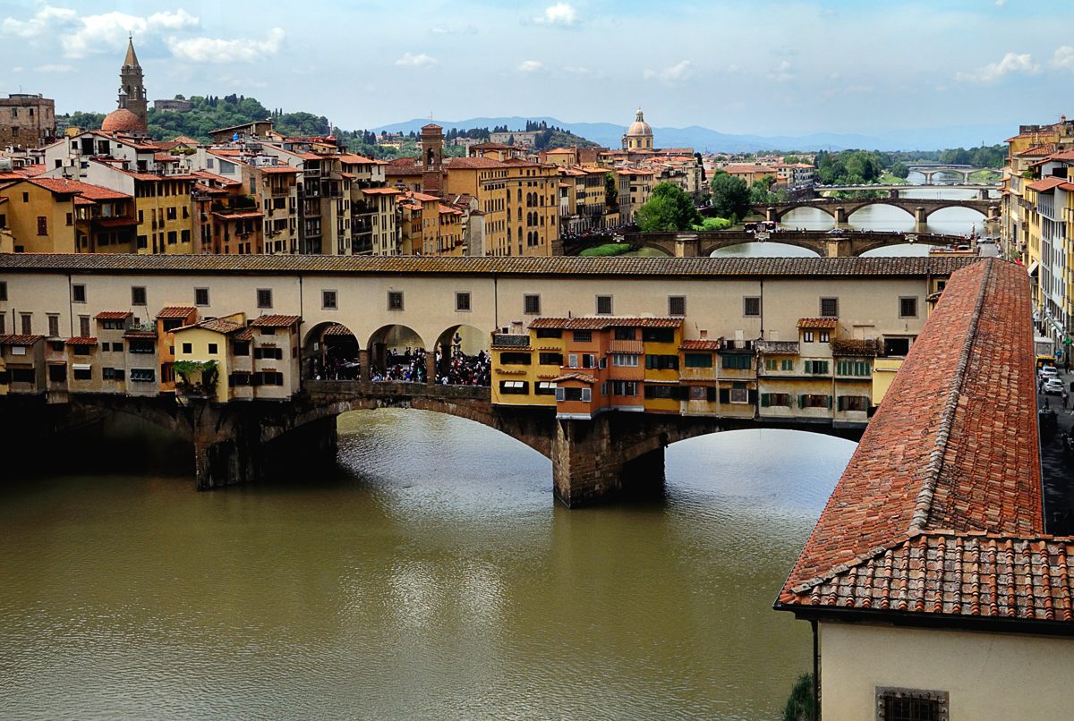 View of Ponte Vecchio, Florence Italy, Looking Down the Arno