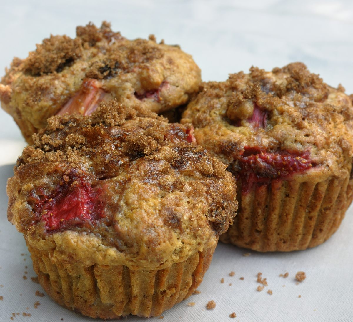 3 Strawberry Rhubarb Muffins with Brown Sugar Topping