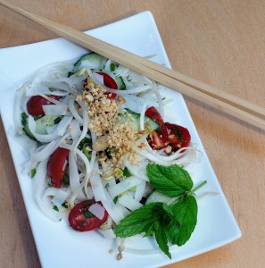 Thai rice Noodle Salad, Cilantro, Mint & Peanuts, White "Asian" Plate, Chopsticks