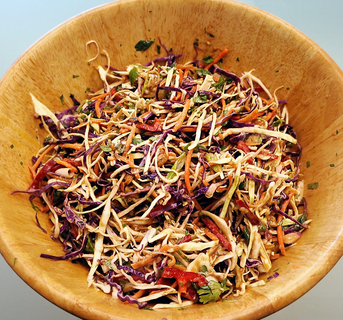 Asian coleslaw with Peanut Dressing, Wooden Bowl