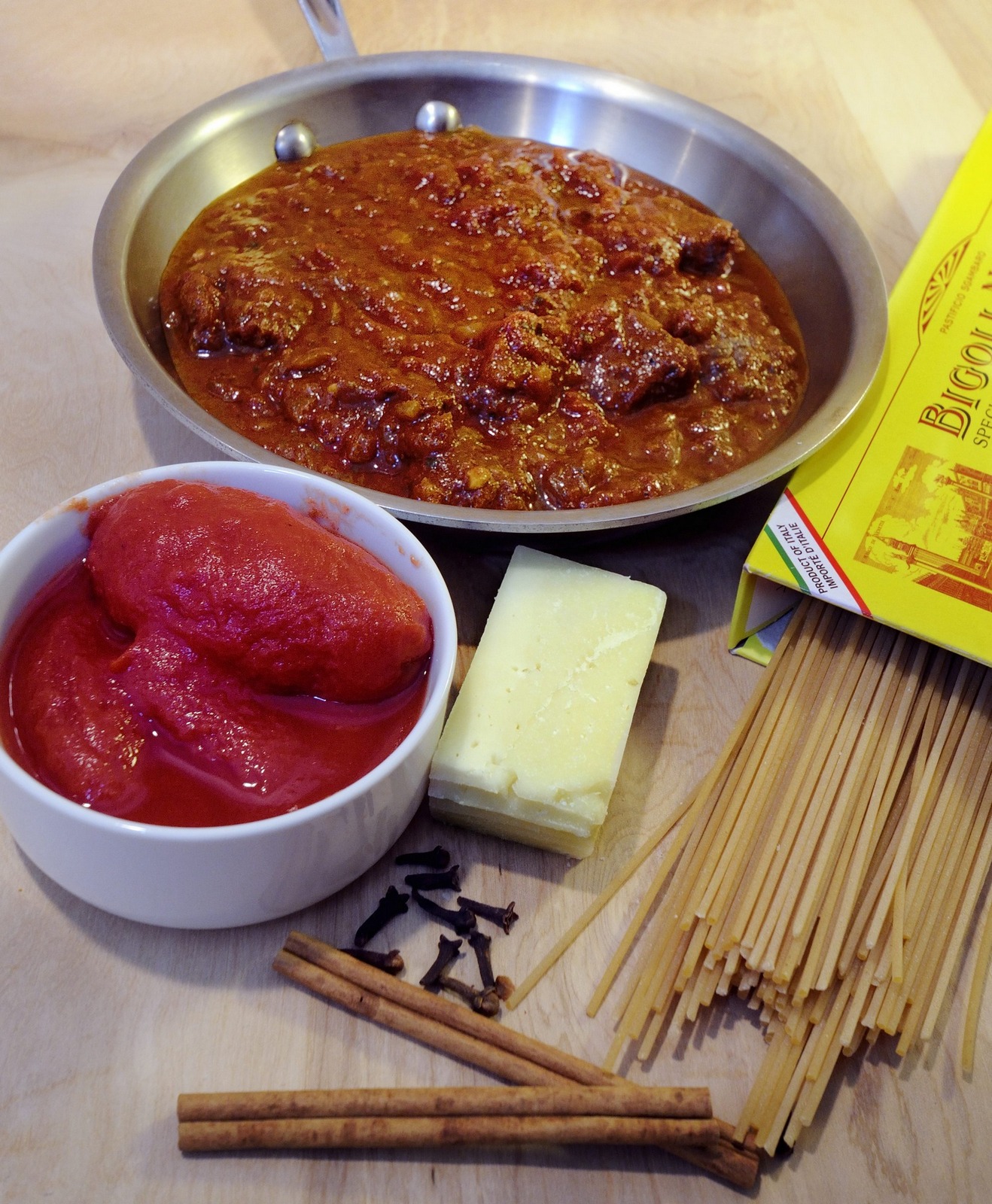 Pan of Prepared Mary's Spaghetti Sauce With Tomatoes, Spaghetti, Pecorino, Spices